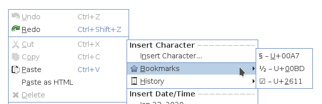 Insert Character Bookmarks menu