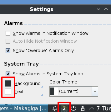 System Tray Settings window